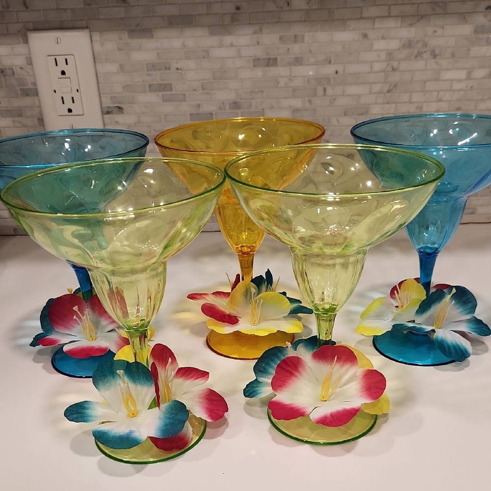 Colorful Margarita Glass Set with Floral Accents